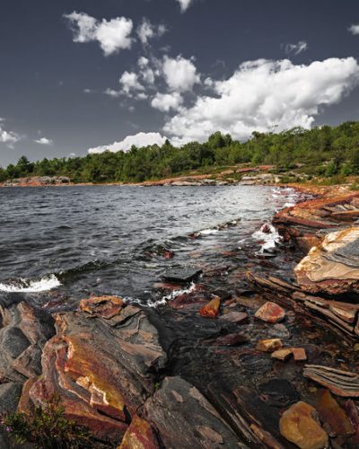 Georgian Bay landscape with rugged rocky lake shore near Parry Sound, Ontario, Canada.